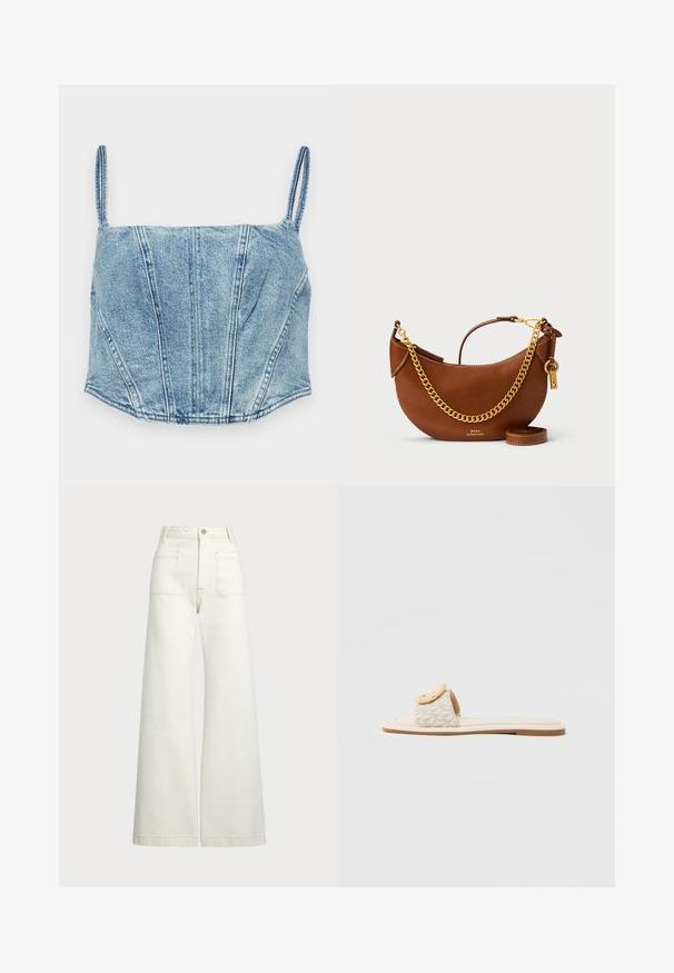Light blue denim cropped top with thin straps, structured bodice seams, and a slightly curved hem. Features a smooth texture.; Wide-leg jeans in off-white denim. High-waisted design with a button closure, two front pockets, and contrast stitching details.; Slide sandal featuring a beige strap with a geometric pattern, a rounded yellow accent on the upper, and a flat, light sole.; Brown leather handbag with a curved design, gold chain strap, interior pocket, and a detachable shoulder strap. Features contrasting stitching.