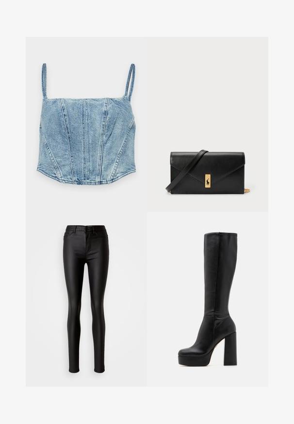 Šviesiai mėlynas džinsinis trumpas viršus su plonomis petnešomis, struktūruotais krūtinės siūlės ir šiek tiek išlinkusia apatine dalimi. Dėlė yra lygi.; Juodos dirbtinės odos liesos džinsinės kelnės su lygiu paviršiumi, aukštu liemeniu, mygtuko uždarymu ir tradicine penkių kišenių dizainu.; Juodos aukštos kulkšninių botai, pagaminti iš lygaus odos su tekstūriniais akcentais, su aukštomis blokuotomis kulnais ir apvaliu piršto dizainu.; Juodas odinis piniginė su užlenkiama sklende, auksinėmis detalėmis, su logotipo akcentu. Įeina nuimamas diržas nešiojimui.