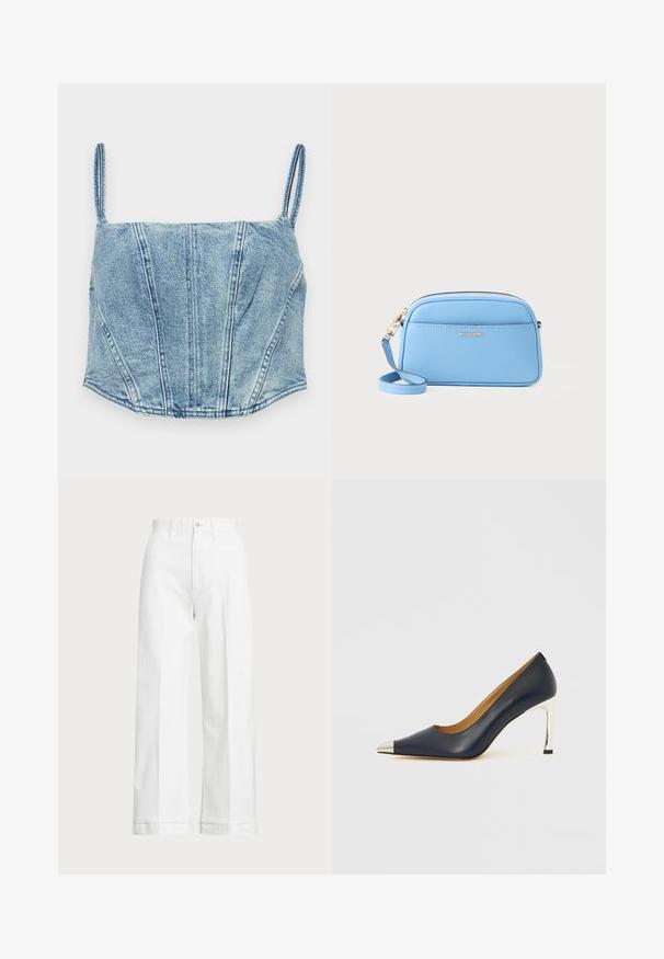 Light blue denim cropped top with thin straps, structured bodice seams, and a slightly curved hem. Features a smooth texture.; White wide-leg trousers with a high waist, featuring a button closure and subtle stitching details. Made from cotton with a smooth texture.; Navy leather high heel shoe with a pointed toe, featuring a silver metallic cap and a shiny silver stiletto heel.; Light blue leather crossbody bag with gold-tone hardware, zip closure, and a front pocket. Features an adjustable strap for convenience.