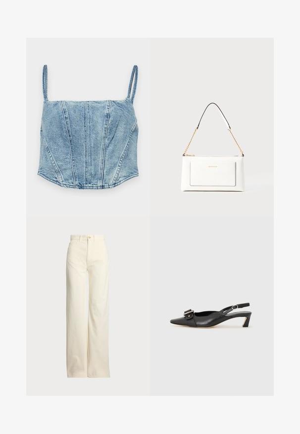 Top cropped de denim azul claro com alças finas, costuras estruturadas no corpete e uma bainha ligeiramente curva. Apresenta uma textura suave.; Polo Ralph Lauren COTTON CORDUROY WIDE-LEG PANT - Calças - warm white; Sandal com correia preta em pele, com bico fino, pequeno salto e detalhe de fivela decorativa na parte superior. Textura suave, design minimalista.; Bolsa de mão branca em couro com acabamento texturizado, featuring a corrente dourada e detalhes pretos. Inclui um bolso frontal e fecho com zipper.