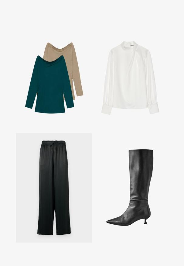 Két hosszú ujjú felső; az egyik türkiz, a másik bézs. Mindkettő drapált nyakkivágással és összegyűrt részletekkel rendelkezik az oldalakon, puha anyagból készült.; Fehér blúz magas nyakkal, hosszú puff ujjakkal és hátsó cipzárral. Simább anyag, enyhe fényű és diszkrét eséssel.; Fekete, széles szárú nadrág sima anyagból, rugalmas derékrésszel és húzózsinórral. Egyszerű, minimalista dizájn.; Fekete bőr, térd felett érő csizma hegyes orral és kis tömbsarkúval, sima felülettel és elegáns vonallal.