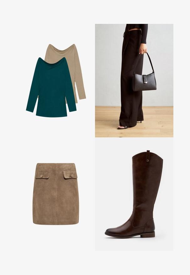 Zwei langärmelige Oberteile; eines in Teal und eines in Beige. Beide haben einen drapierten Ausschnitt und geraffte Details an den Seiten, gefertigt aus weichem Stoff.; Brauner Wildleder-Minirock mit glatter Textur, ausgestattet mit zwei vorderen Klappentaschen und Druckknopfverschlüssen an beiden Seiten. Schlichtes, gerades Design.; Braune kniehohe Stiefel aus glattem Leder, mit runder Zehenform, niedrigem Blockabsatz und einem dezente Stichmuster an den Seiten.; Schwarze Handtasche mit strukturierter Form, glatter Textur und einem metallischen Verschluss. Kombiniert mit weiten schwarzen Hosen und offenen Sandalen auf einem Holzboden.
