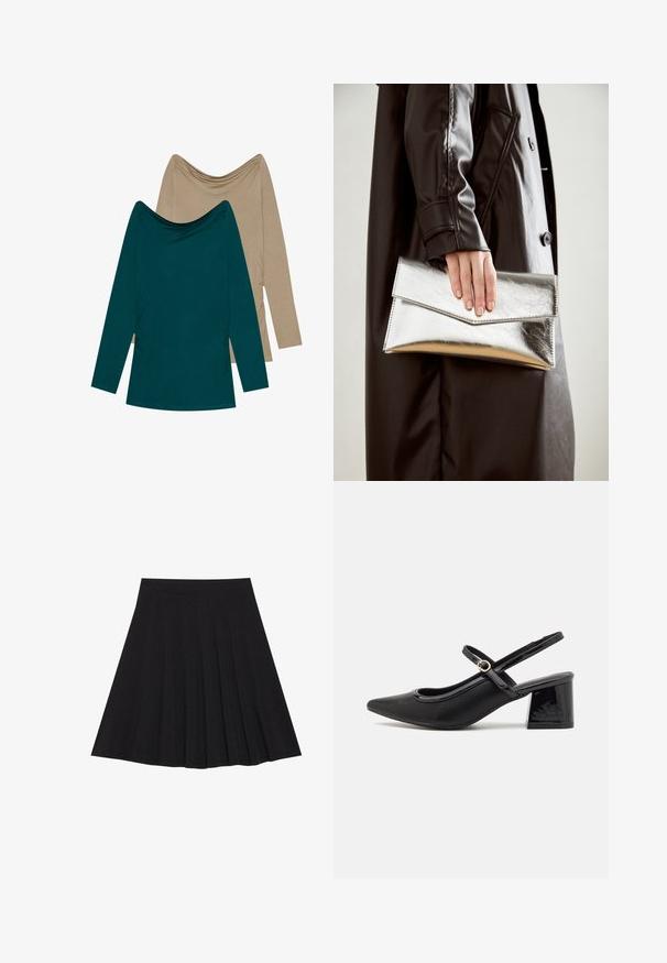 Two long-sleeve tops; one teal and one beige. Both have a draped neckline and gathered detailing on the sides, made from soft fabric.; Black pleated skirt made of textured fabric with a fitted waistband. Falls to knee length, featuring a smooth, clean silhouette.; Black patent leather slingback heels with a pointed toe, a rounded cutout design, and a block heel. Features a gold-tone buckle accent.; Silver metallic clutch with an angular envelope design, smooth texture, and contrasting interior color, held in a hand wearing a black coat.