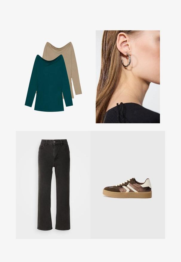 Two long-sleeve tops; one teal and one beige. Both have a draped neckline and gathered detailing on the sides, made from soft fabric.; Black wide-leg jeans made of denim, featuring a front button closure, belt loops, and five pockets with a slightly faded texture.; Brown and cream sneakers with a combination of suede and satin materials, featuring three diagonal stripes and a textured gum sole.; Silver hoop earring with a polished finish, featuring small gold accent details and a round shape, worn on the lobe.
