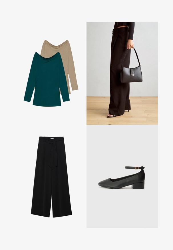 Twee tops met lange mouwen; één in teal en één in beige. Beide hebben een gedrapeerde halslijn en gathers aan de zijkanten, gemaakt van zachte stof.; Zwarte wijde broek van textuurstof, met een elastische tailleband en een afneembare sjaalstrik in de taille voor een verstelbare pasvorm.; Zwarte leren pump met een spitse neus en een lage blokhak. Beschikt over een enkelband met een goudkleurige gespsluiting. Gladde textuur.; Zwarte handtas met gestructureerde vorm, gladde textuur en een metalen sluiting. Gecombineerd met brede zwarte broeken en sandalen met open teen op een houten vloer.