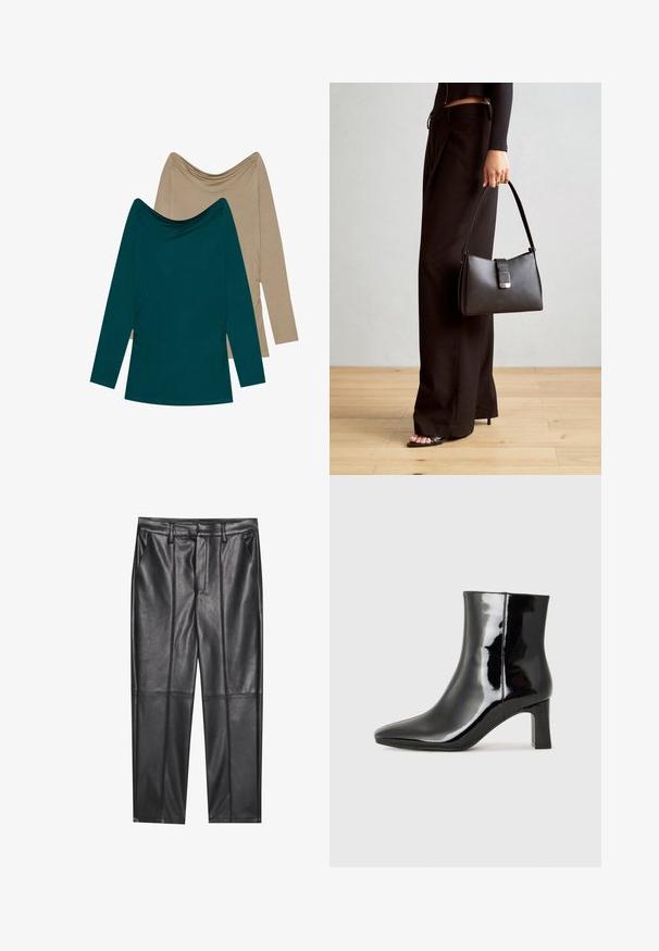 Dwie bluzki z długim rękawem; jedna w odcieniu turkusowym, a druga beżowa. Obie mają dekolt w kształcie drapowania oraz marszczenia po bokach, wykonane z miękkiego materiału.; Czarne skórzane spodnie o gładkiej fakturze, z prostym krojem, dwoma przednimi kieszeniami i widocznymi szwami.; Czarne lakierowane botki za kostkę z wysmukłym noskiem i średniej wysokości obcasem w kształcie słupka. Gładka tekstura i minimalistyczny design.; Czarna torebka o usztywnionym kształcie, gładkiej fakturze i metalowym zapięciem. Połączona z szerokimi czarnymi spodniami i sandałami na otwartym palcu na drewnianej podłodze.