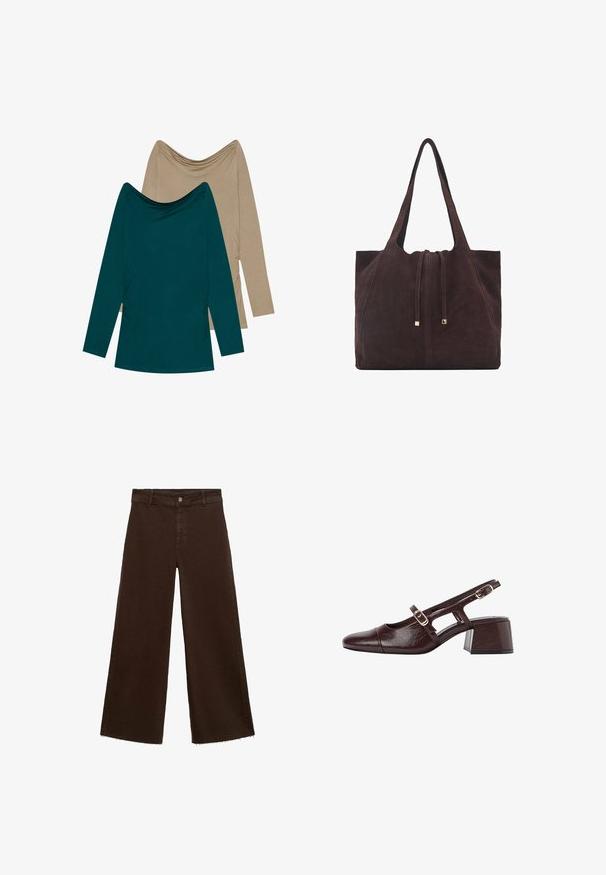 Zwei langärmelige Oberteile; eines in Teal und eines in Beige. Beide haben einen drapierten Ausschnitt und geraffte Details an den Seiten, gefertigt aus weichem Stoff.; Braune, weit geschnittene Hosen aus Baumwollmischung mit fransigem Saum, vorderem Knopfverschluss und klassischem Fünf-Taschen-Design. Minimalistisch und vielseitig.; Braune Leder Slingback-Pumps mit quadratischer Spitze, ausgeschnittenen Seiten und Blockabsatz. Mit einer Schnalle am Knöchelriemen.; Mango Shopping Bag - dark brown