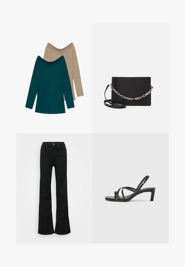 Divi garajiem piedurknēm tops; viens tirkīza krāsā un otrs bēšā. Abiem ir plūstoša dekoltē un savilkti akcenti sānos, izgatavoti no mīksta auduma.; Melnas flared džinsas, izgatavoti no denima, ar augstu jostasvietu, piecām kabatām un metāla pogu aizdari. Gluda tekstūra ar minimālu apdari.; Melnas strappy sandales ar kvadrātveida purngaliem un zemu bloku papēdi. Ievērojamas ar vairākiem plāniem siksniņām un regulējamu potītes siksniņu. Izgatavotas no gludas ādas.; Melna ādas crossbody soma ar gludu faktūru, taisnstūrveida formu un metalizētu ķēdes detaļu priekšā. Iekļauta regulējama siksna.