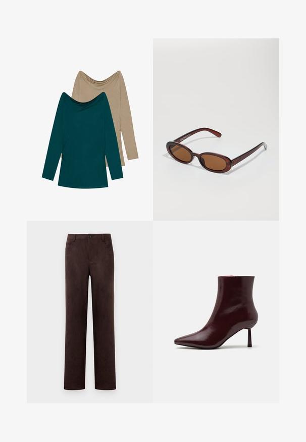 Dvoje blúz s dlhým rukávom; jedno v odtieni teal a druhé béžové. Obe majú zavinovací výstrih a nariasené detaily po stranách, vyrobené z mäkkej látky.; Rovné nohavice z tmavo hnedého semišu so zapínaním na prednom gombíku a zips, pútka na opasok a bočné vrecká.; Burgundské lakované kozačky po členky s špicatou špičkou a štíhlým stiletto podpätkom, s hladkou, lesklou textúrou a minimalistickým dizajnom.; Okrúhle slnečné okuliare s hnedým nádychom a lesklým burgundským rámom. Úzke ramená s jemným brandovaním. Plochej šošovky dizajn.; Tkaná bordová kabelka s zaobleným tvarom a jedným uchom, so štruktúrovaným povrchom a elastickým sťahovaním na zavretie.