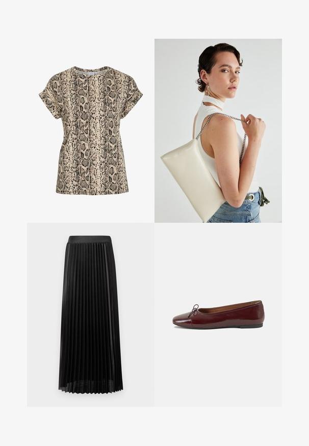 Tricou bej cu mânecă scurtă, cu un model de imprimeu cu șarpe negru și brun și o guleră rotundă.; Fustă plisată neagră cu un tiv neted, realizată dintr-un material ușor. Prezintă pliseuri verticale clare și un design de lungime medie, până la glezne.; Balerini din piele patent burgund cu vârful rotund, accent de fundiță mică în față și talpă joasă din cauciuc negru. Textură netedă.; Geantă de clutch rectangulară albă, realizată dintr-un material lucios, având o curea de lanț argintie. Modelul pozează, evidențiind geanta pe un fundal simplu.