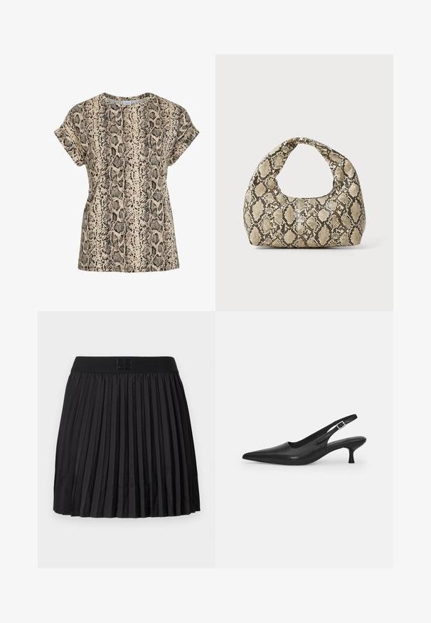 Krátký rukáv béžové tričko s černým a hnědým hadím potiskem a kulatým výstřihem.; Černá skládací sukně s hladkou texturou, vybavená pevným černým pasem a vyraženým detailem loga vpředu.; Černá kožená nazouvací bota se špičatou špičkou a štíhlým zakřiveným podpatkem. Obsahuje diskrétní nastavitelný pásek s kovovou sponou.; Kabelka s hadím vzorem a zakřiveným držadlem. Vyrobena z texturovaných béžových a hnědých materiálů, s charakteristickým diamantovým vzorem.