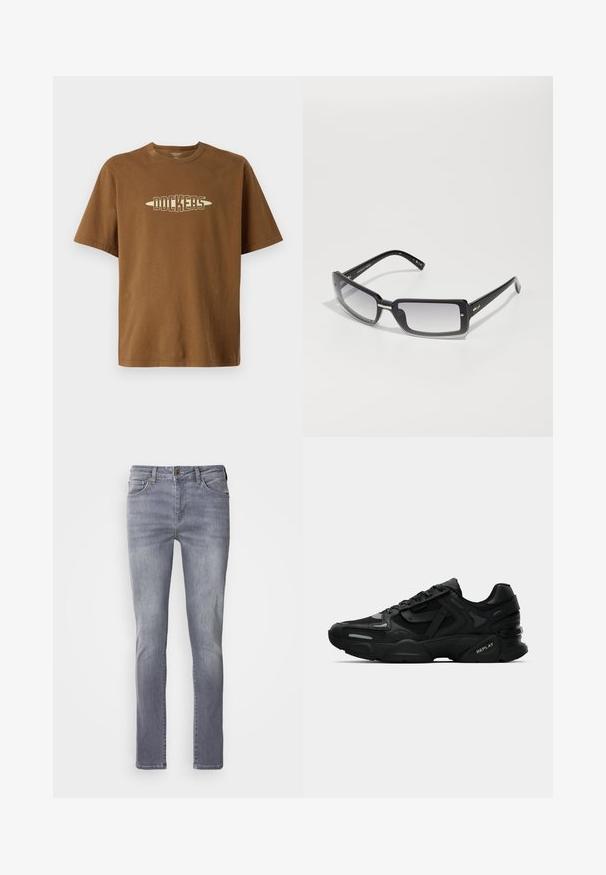Brun bomulds T-shirt med korte ærmer, prydet med et cremefarvet "DOCKERS" logo i en fed skrift centreret på brystet.; Lysgrå denimjeans med lige skæring, der har fem lommer, messingknaplukning og let slitage på benene.; Sorte atletiske sneakers med struktureret overdel, reflekterende detaljer og polstrede såler. Har snørebånd og brandlogo på siden.; Sorte rektangulære solbriller med gradientlinser, der har en tykkere ramme og metalakcentdetaljer på armene. Glat tekstur overalt.