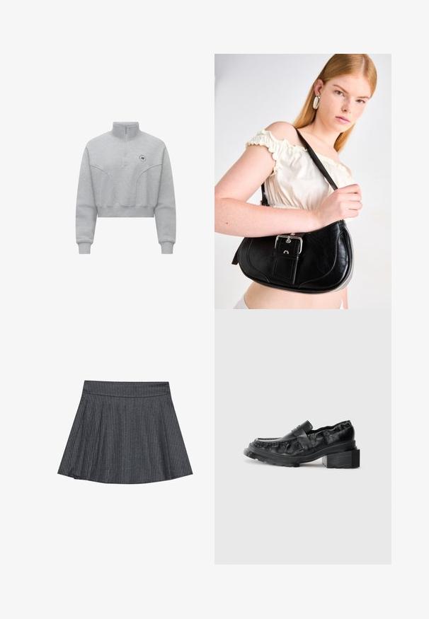 Harmaa lyhyt cropattu huppari, jossa on korkea kaulus, puolivetoketju edessä ja hillitty saumoitus. Rintataskussa pieni logo.; Harmaa raitapaita skater-hame, jossa on tiukka vyötärö, levenevä A-linjainen muoto ja pehmeä kangasrakenteen. Pystysuorat viivat lisäävät visuaalista kiinnostavuutta.; Mustat nahkakengät, joissa on jämäkkä pohja, hieman korotettu lohkopohja ja teksturoitu pinta, jota pidetään paikallaan etuhihnalla.; Mustan nahkabagin olkahihna on kaareva, kiiltävä hopeinen varustus ja irrotettava nimilappu. Pintateknologia on sileä ja siinä on hienovaraisia ompelutietoja.; Kultaiset metallikorvakorut, joissa on sileä, pyöreä kolmion muoto ja postitaustasuunnittelu; heijastava pinta, jossa on minimaalinen yksityiskohtien määrä.