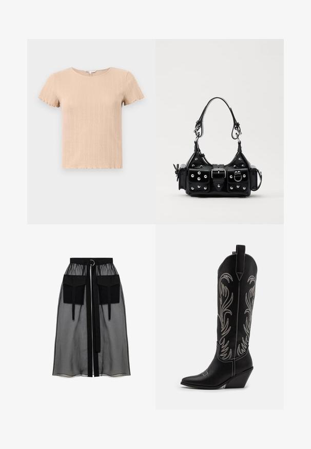 Beige ribbed short-sleeve t-shirt with scalloped edges, featuring a textured pattern and round neckline. Made from soft, stretchable fabric.; Black sheer skirt with a gathered waistband, featuring two large front pockets, a waist tie, and a circular metal accent.; Black leather cowboy boots with pointed toes, wedge heels, and silver embroidered floral patterns along the shaft. Contrast stitching throughout.; Black leather handbag with a curved design, featuring silver studs, a buckle, and two side pockets. Adjustable strap for carrying options.