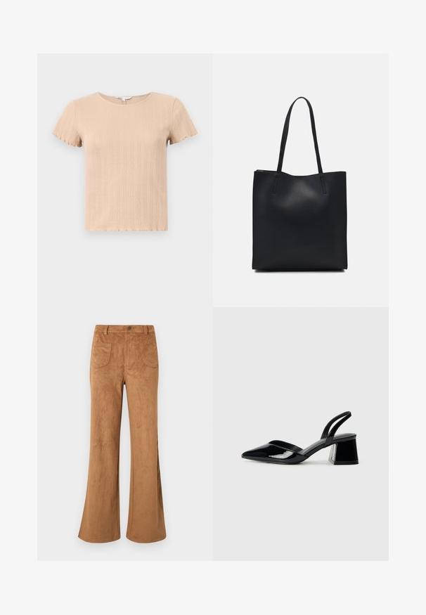 Beige ribbed short-sleeve t-shirt with scalloped edges, featuring a textured pattern and round neckline. Made from soft, stretchable fabric.; Brown suede flared pants featuring a high waist, front and back pockets, and a smooth texture. Designed for a relaxed fit throughout the leg.; Black patent leather slingback heels with a pointed toe and a geometric block heel. Features a sleek, minimal design and smooth texture.; Black leather tote bag with smooth texture, rectangular shape, and two long handles. No visible hardware or embellishments.