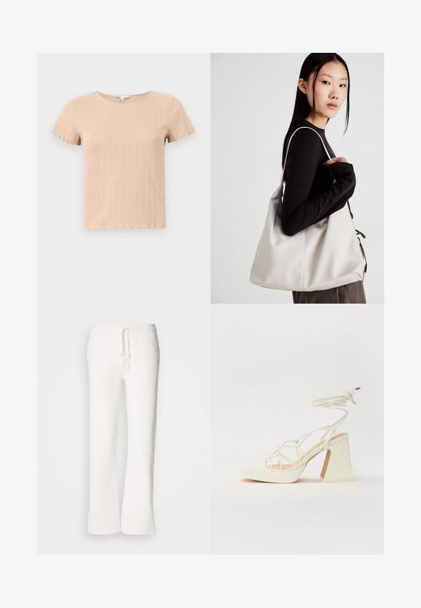 Beżowa, prążkowana koszulka z krótkim rękawem i falbaniastymi krawędziami, ozdobiona teksturowanym wzorem i okrągłym dekoltem. Wykonana z miękkiego, elastycznego materiału.; Białe, luźne spodnie dresowe wykonane z miękkiego materiału, z elastycznym paskiem w talii i prostymi nogawkami.; Biała sandał na wysokim obcasie z masywnym słupkiem, z paskowym wzorem i wiązaniem przy kostce. Gładka faktura z platformą z przodu dla dodatkowej wysokości.; Beżowa torebka wykonana z miękkiego materiału, charakteryzująca się luźnym fasonem, wyszywanymi detalami i dwoma uchwytami na ramię. Idealna na co dzień.