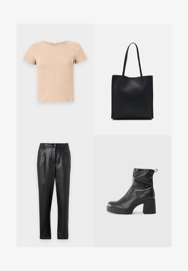 Bež majica kratkih rukava s rebrastim uzorkom i valovitim rubovima, koja ima teksturirani uzorak i okrugli izrez. Izrađena od mekanog, rastezljivog materijala.; Crne kožne hlače s glatkom teksturom, ravnog kroja, elastičnim pojasom i prednjim kopčanjem na dugme; nabran detalj i suženi nogavič.; Crne gležnjače od glatke kože, s bočnim zatvaračem, debelim teksturiranim potplatom i dizajnom s zaobljenim prstima.; Crna kožna torba za nošenje s glatkom teksturom, pravokutnim oblikom i dvije duge ručke. Nema vidljivih metalnih dijelova ili ukrasa.