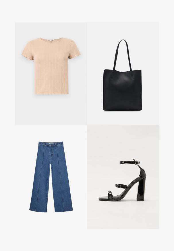 Beżowa, prążkowana koszulka z krótkim rękawem i falbaniastymi krawędziami, ozdobiona teksturowanym wzorem i okrągłym dekoltem. Wykonana z miękkiego, elastycznego materiału.; Jeans typu wide-leg w średnim niebieskim kolorze, z wysokim stanem, zapięciem na guziki oraz kontrastowymi szwami pionowymi z przodu.; Czarne lakierowane sandały na obcasie z kwadratowym noskiem, z paskami wokół kostki i srebrnymi klamrami. Posiadają masywny słupek dla stabilności.; Czarna skórzana torba tote o gładkiej fakturze, prostokątnym kształcie i dwóch długich uchwytach. Brak widocznych elementów metalowych i ozdób.
