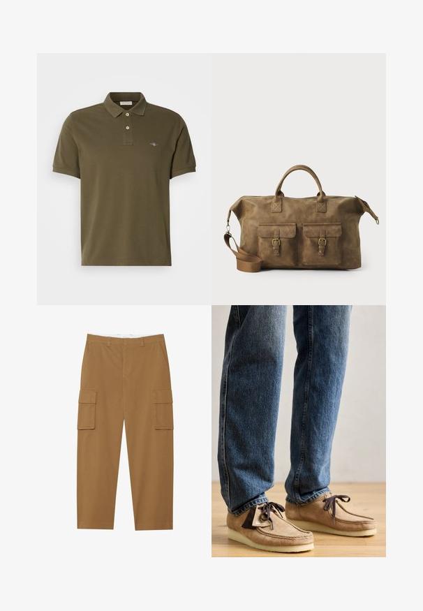 Olivgrünes Poloshirt aus Baumwolle mit einem klassischen Kragen, einer Zwei-Knopf-Leiste und einem kleinen gestickten Logo auf der Brust.; Braune Cargo-Hosen mit zwei Seitentaschen, flachem Vorderteil und geradem Beinansatz. Hergestellt aus einem strapazierfähigen Stoff mit glatter Textur.; Wildleder-Mokassins in Tan mit dunkelbraunen Akzenten, runder Zehenform und weichem weißen Fußbett. Sie verfügen über ein Schnürdesign und gestickte Details.; Braune Ledertasche mit zwei Fronttaschen, verstellbarem Schulterriemen, goldfarbenen Beschlägen und stabilen oberen Griffen. Glatte Textur.