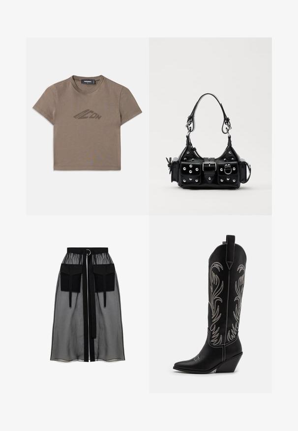 Maglietta corta marrone in cotone, con scollo rotondo e maniche corte. Un logo discreto è stampato in marrone scuro sul davanti.; Gonna nera trasparente con una vita arricciata, dotata di due ampie tasche frontali, un laccetto in vita e un ornamento metallico circolare.; Stivali da cowboy in pelle nera con punte affusolate, tacchi a zoccolo e motivi floreali ricamati in argento lungo il gambale. Cuciture a contrasto in tutto lo stivale.; Borsa a mano in pelle nera con design curvo, caratterizzata da borchie argentate, una fibbia e due tasche laterali. Tracolla regolabile per diverse opzioni di trasporto.