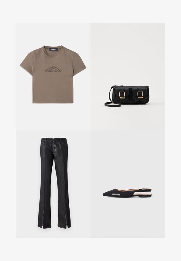 Bruine gecropped t-shirt gemaakt van katoen, met een ronde halslijn en korte mouwen. Een subtiele logo is in donkerbruin op de voorkant gedrukt.; Zwarte flared broeken met een glanzende afwerking, voorzien van twee voorzakken en mengspleten nabij de zoom, gemaakt van duurzaam materiaal.; Zwarte slingback ballerina's met spitse neuzen, gemaakt van glad materiaal. Kenmerkt zich door de witte "LOVE MOSCHINO" branding en een minimalistisch ontwerp.; Zwarte leren schoudertas met twee vo pockets, gouden gespen, ritsluiting en een smalle band. Tekstuur oppervlak en compacte rechthoekige vorm.