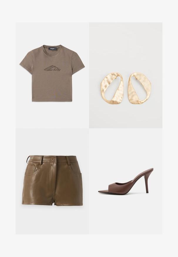 Brown cropped t-shirt made of cotton, featuring a round neckline and short sleeves. A subtle logo is printed in dark brown on the front.; Brown faux leather shorts with a fitted design, waistband with belt loops, front pockets, and visible stitching details.; Brown leather open-toe high-heeled mules with a sleek design, featuring a wide front strap and a slender stiletto heel.; Pair of irregular oval-shaped gold-toned metal earrings with a textured, slightly hammered surface on a white background.
