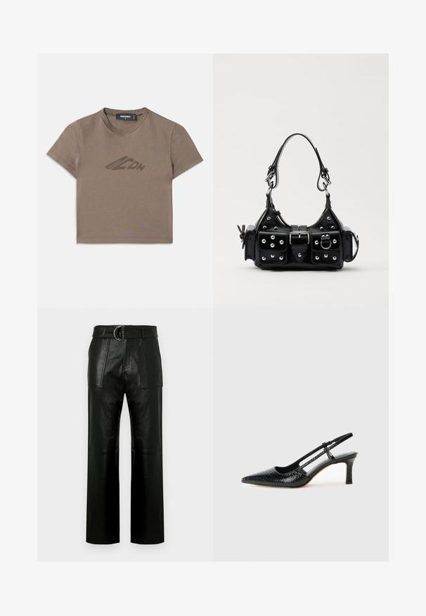 T-shirt cropped marron en coton, avec un col rond et des manches courtes. Un logo discret est imprimé en marron foncé sur le devant.; Pantalons en cuir noir taille haute avec des jambes larges, grandes poches frontales et une ceinture assortie avec une boucle à double anneau.; Escarpin slingback en vernis noir avec un bout pointu, présentant un imprimé serpent texturé, une sangle réglable et un petit talon bloc texturé.; Sac à main en cuir noir au design courbé, avec des clous en argent, une boucle et deux poches latérales. Bandoulière réglable pour différentes options de transport.