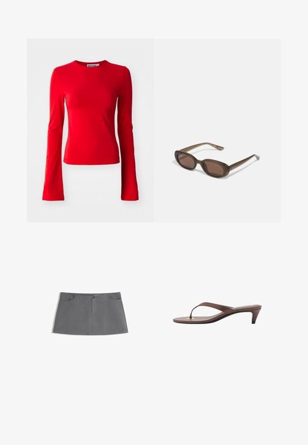 Punainen pitkähihaisen paita, joka on valmistettu sileästä ja venyvästä kankaasta. Omaava pyöreän kaula-aukon ja istuvan siluetin. Yksinkertainen muotoilu ilman kuvioita tai yksityiskohtia.; Harmaa hame, jossa on suora leikkaus, kaksi etutaskua, etupainike ja hienovarainen tekstuurikuvio.; Kahvoit varrelliset flip-flop sandaalit, joissa on hoikka hihna ja pyöristetty varvasosa, sekä pieni kultainen yksityiskohta pohjalla.; Ruske oválne slnečné okuliare s tmavými sklami. Rám je vyrobený z priesvitného hnedého materiálu a na stranách má potlačené logo.; Tan suede laukku kahdella pitkällä kahvalla, suorakulmainen muoto ja koristeellinen ompelu. Sisältää sivuhihnan ja hillittyjä kultaisia varusteita.