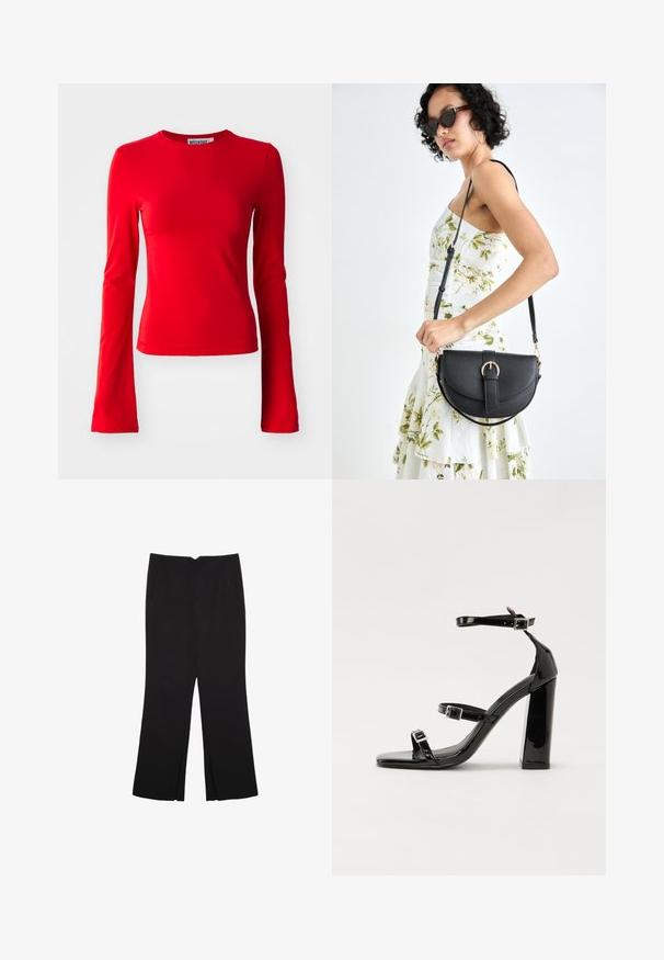 Červený dlhý rukáv top vyrobený z hladkej, elastickej látky. Má okrúhly výstrih a priliehavý strih. Jednoduchý dizajn bez vzorov alebo akcentov.; Čierne nohavice so strihom rovného strihu, s prednými vreckami a bočnými rozparkami na leme. Vyrobené z mäkkej, hladkej tkaniny. Vhodné na rôzne príležitosti.; Čierne lakované sandále na podpätku so štvorcovou špičkou, navlečenými remienkami okolo členku a striebornými prackami. Disponujú masívnym blokovým podpätkom pre stabilitu.; Čierna kožená kabelka s zaobleným tvarom, odnímateľným popruhom a zlatými doplnkami. Kabelka má klopu s detailom s prackou.