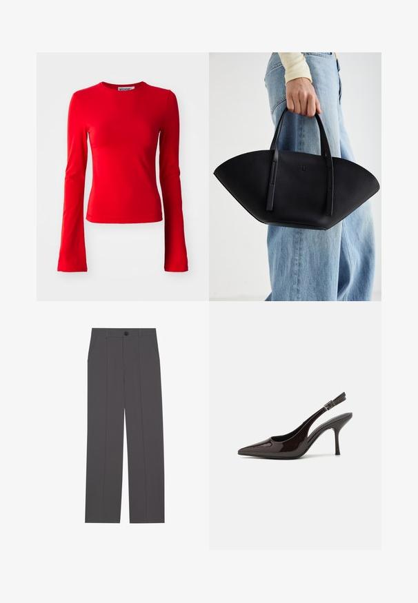 Punane pikakäistega särk, mis on valmistatud siledast ja venivast kangast. Omab ümarat kaelaauku ja sobivat siluetti. Lihtne disain ilma mustrite või accentideta.; Hallid hallid püksid otse jala lõikega, millel on kaks küljetaskut ja nööbisahtel. Sile kangas ilma nähtavate mustrite või aktsentideta.; Kare kõrge kontsaga king, läikiv tumepruun lakknahast, terava nina, avatud külgedega ja reguleeritava pahkluuringiga.; Must mustra kott, millel on unikaalne fännikujuline disain, millel on lapikud käepidemed. Pinna tekstuur on kivikujuline ja disain on minimalistlik.