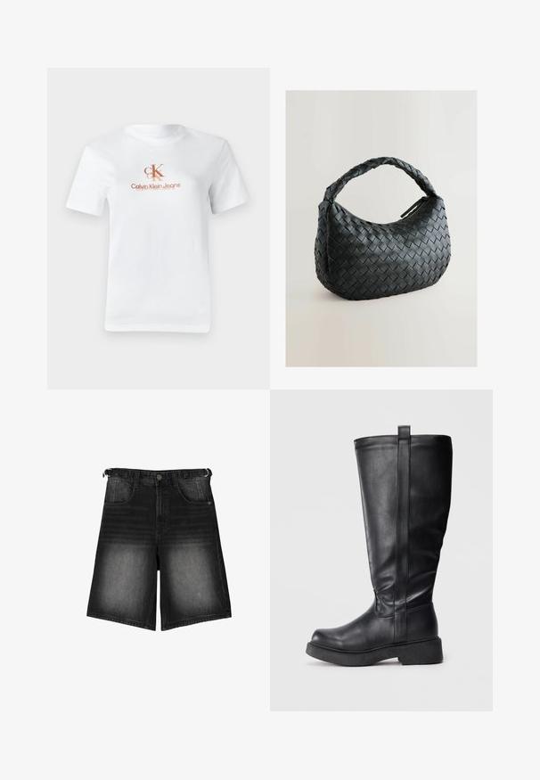 Biely bavlnený tričko s krátkymi rukávmi. Obsahuje potlačené logo v svetlo hnedej farbe: "CK" nad textom "Calvin Klein Jeans". Klasický dizajn s okrúhlym výstrihom.; Čierne deninové šortky s vyblednutým povrchom, piatimi vreckami, zapínaním na gombík a pútkami na opasok. Tkanina má hladkú štruktúru.; Čierne knie-high čižmy vyrobené z hladkej kože s plochou podrážkou, s bočnými švom a malou pútkom na vrchu pre jednoduché obúvanie.; Čierna tkaná kabelka zaobleného tvaru, s textúrovaným povrchom a hrubým pleteným uchom. Obsahuje zips pre bezpečné uloženie.