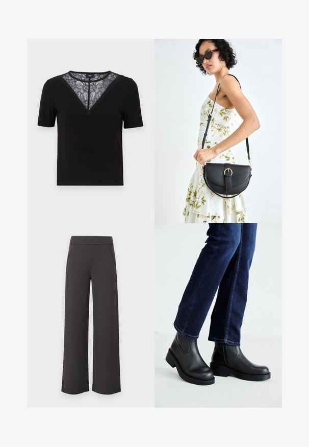 Musta lyhythihainen t-paita, jossa on pitsinen ja aaltoileva V-pääntie, ribatty pinta ja kapea malli.; Housut leveällä lahkeella tummanharmaasta kankaasta, jossa on sileä pinta, joustava vyötärö ja kaksi etutaskua. Tasainen etupinta.; Mustat nahka-avokkaat paksulla pohjalla ja sivussa elastiset paneelit, yhdistettynä tummansinihin farkkuihin. Maa on vaaleanvärinen.; Musta nahkainen käsilaukku, joka on kaareva muotoilultaan, irrotettavalla hihnalla ja kultaisilla yksityiskohdilla. Laukussa on läppä, jossa on solk yksityiskohta.