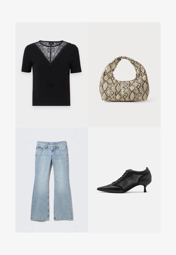 Czarna koszulka z krótkim rękawem z koronkowym dekoltem w kształcie litery V i falbanką, o żebrowanej fakturze i dopasowanym fasonie.; Jasnoniebieskie dzwony jeansowe z efektem wyblakłym, pięciokieszeniowym designem i kontrastującym przeszyciem. Bawełniany denim o gładkiej fakturze.; Czarny but na szpilce z ostrym noskiem, z panelem z siateczki, z niskim obcasem i sznurowanym przodem. Wykonany z połączenia skóry i materiału siateczkowego.; Torebka w wężowy wzór z zakrzywionym uchwytem. Wykonana z teksturowanych, beżowych i brązowych materiałów, z charakterystycznym wzorem w diamenty.