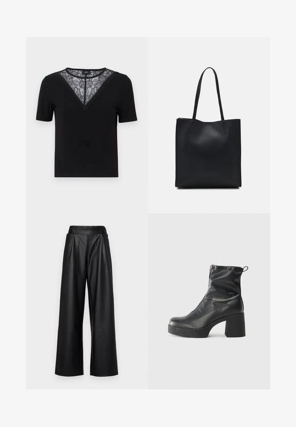 Musthave lühikeste varrukatega must T-särk, millel on pitsiline ja laineline V-kaelus, ribakujuline tekstuur ning figure-kohane disain.; Mustad, laiad nohikud, mis on valmistatud nahast, kõrge vöökoht, voldid ja kaks ringikujulist nööpi esiküljel sulgemiseks.; Mustad mustad ansapüksid, mis on valmistatud siledast nahast, külje zipperiga, paksu tekstuuriga kontsaga ja ümmarguse nina disainiga.; Mustast nahast kott sujuva tekstuuriga, ristkülikukujuline ja kahe pika sangaga. Pole nähtavat riistvara ega kaunistusi.