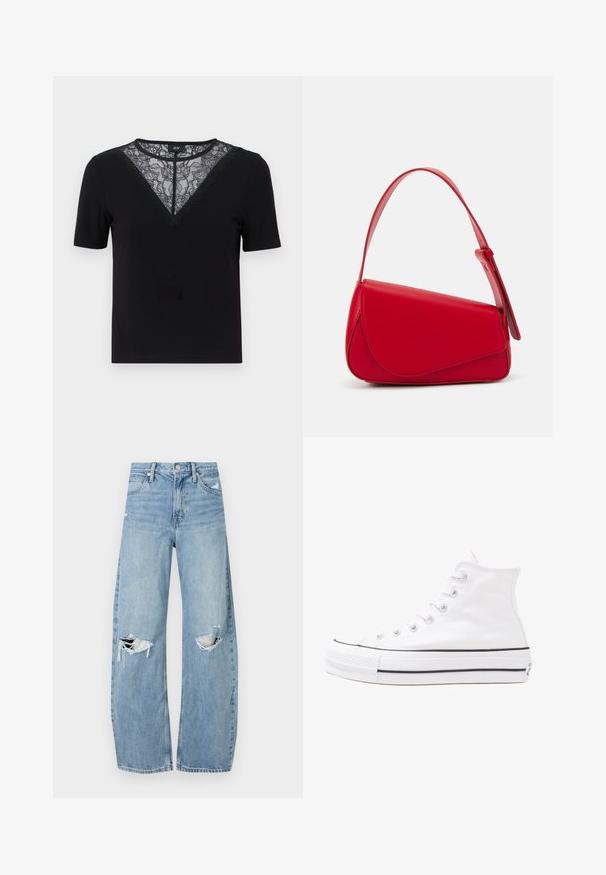 Czarna koszulka z krótkim rękawem z koronkowym dekoltem w kształcie litery V i falbanką, o żebrowanej fakturze i dopasowanym fasonie.; Jasnoniebieskie, wysokiej talii dżinsy wykonane z denimu. Posiadają szerokie nogawki, dwa podarte miejsca na kolanach oraz klasyczne pięć kieszeni.; Białe wysokie trampki z płótna z czarną gumową podeszwą, przednim czubkiem z gumy i sześcioma dziurkami na sznurowadła, charakteryzujące się prostym, minimalistycznym designem.; Czerwona skórzana torebka o kanciastym, geometrycznym designie. Posiada jedną regulowaną rączkę oraz zapięcie na klapę z przeszyciami.