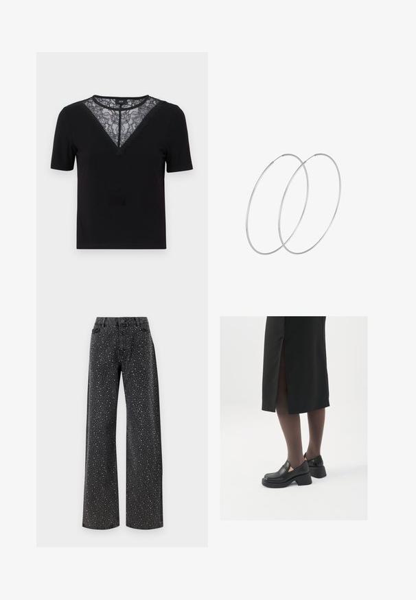 Čierne tričko s krátkym rukávom, ktorý je zdobený čipkou a vlnkovaným dekoltom do V, s rebrovanou textúrou a priliehavým strihom.; Noisy May NMJANNEL LOOSE - Džínsy voľného strihu - black denim; Čierne kožené topánky s okrúhlou špičkou, silným blokovým opätkom a elastickými bočnými akcentmi, skombinované s tmavými pančuchami a čiernou sukňou so štiepením.; Strieborné kruhové náušnice s minimalistickým dizajnom. Cirkulárny tvar, hladký povrch a tenký profil. Ľahké s lesklým povrchom.