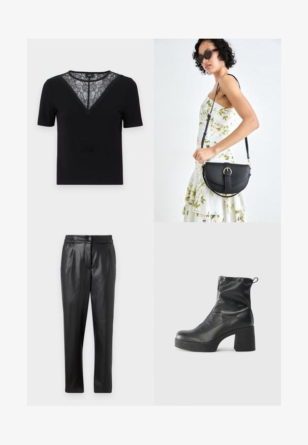 Crni majica s kratkim rukavima koja ima čipkastu i valovitu izrezanicu u obliku slova V, rebrastu teksturu i prilagođeni dizajn.; Crne kožne hlače s glatkom teksturom, ravnog kroja, elastičnim pojasom i prednjim kopčanjem na dugme; nabran detalj i suženi nogavič.; Crne gležnjače od glatke kože, s bočnim zatvaračem, debelim teksturiranim potplatom i dizajnom s zaobljenim prstima.; Crna kožna torba s lukovitim oblikom, odvojivim remenom i zlatnim detaljima. Torba ima preklop s kopčom.