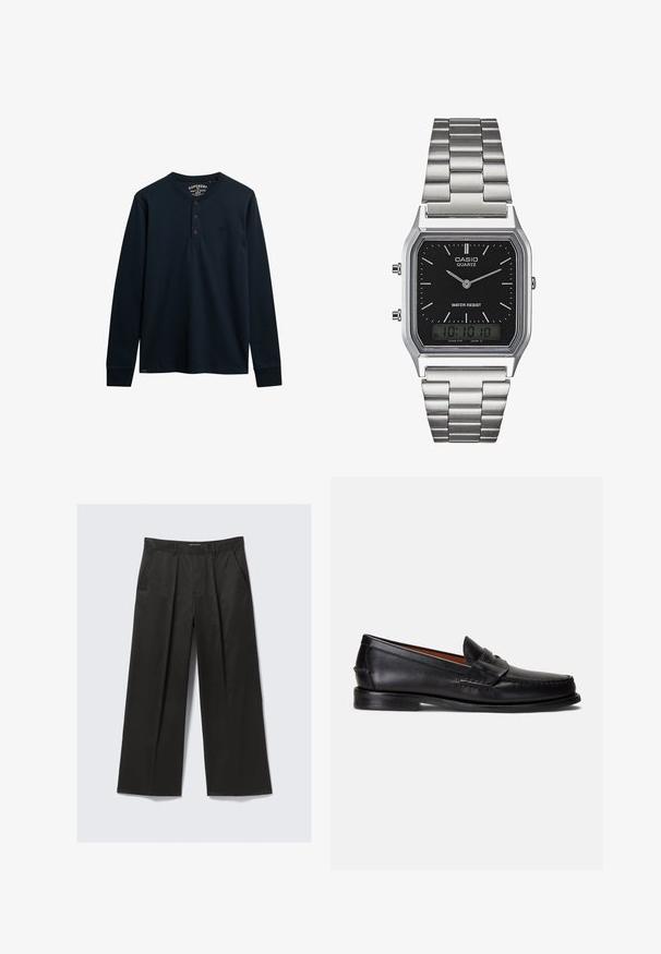 Marineblå langærmet henley skjorte lavet af blødt bomuld, med en tre-knaps placket, afrundet kant og lille logo på brystet.; Sorte vide bukser med en glat tekstur, som har to frontlommer og en let forhøjet talje.; Sorte læderloafer med en glat finish, rundet tå og et dekorativt bånd over overdelen. Har en lav sort sål.; Sølv rustfrit stål kvartsur med en sort rektangulær urskive, der har analoge visere, digital skærm og vandtæt label.