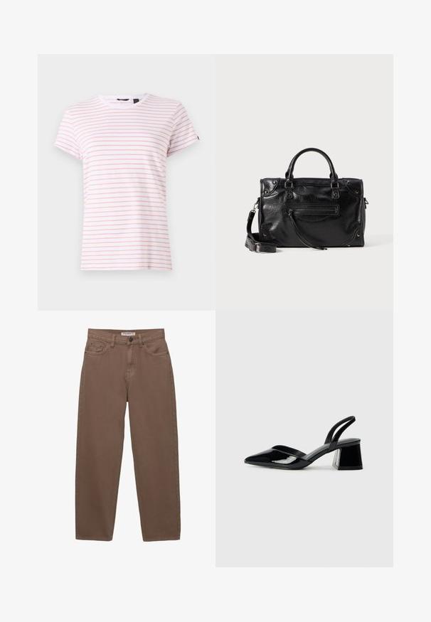 Bela bomba iz bombaža s tankimi roza črtami, okrogel dekolte in kratki rokavi. Mehka tekstura z sproščenim krojem in oznako na dekolteju.; Rjave bombažne denim hlače z ohlapen krojem, petimi žepi in zadrgo. Imajo subtilno teksturo in klasične šive.; Črne lakirane slingback pete s koničastim nosom in geometrijsko blokasto peto. Imajo eleganten, minimalističen dizajn in gladko teksturo.; Črna usnjena torbica z dvema kratkima ročajema in odstranljivim naramnim trakom. Ima sprednji žep na zadrgo in kovinske detajle. Teksturirana površina.