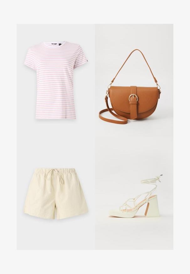 T-shirt de algodão em branco com finas riscas rosa, decote redondo e mangas curtas. Textura suave com um corte casual e uma etiqueta no decote.; Bermudas bege com cintura elástica e cordão, apresentando um ajuste descontraído e uma textura suave. Sem bolsos visíveis ou padrões.; Sandálias brancas de salto alto com um salto robusto, apresentando um design com tiras e amarração no tornozelo. Textura suave com uma plataforma na frente para altura adicional.; Bolsa transversal de couro castanho com um formato curvado, ferragens douradas e um detalhe de fivela. Inclui uma alça de ombro destacável.