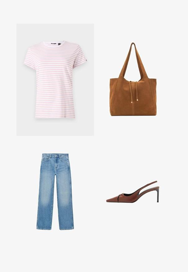 Camiseta de algodón blanca con finas rayas rosas, escote redondo y mangas cortas. Textura suave con un corte casual y una etiqueta en el escote.; Jeans de mezclilla azul claro con corte recto, diseño de cinco bolsillos y un ligero desvanecimiento. Presenta un cierre de botón y cremallera en la cintura.; Zapato de tacón slingback de cuero marrón con punta afilada, detalle de corte en el empeine y un elegante tacón de aguja. Textura suave.; Bolso tote de ante marrón con dos asas largas, cierre de cordón y un diseño minimalista. Textura suave y sin acentos de hardware visibles.