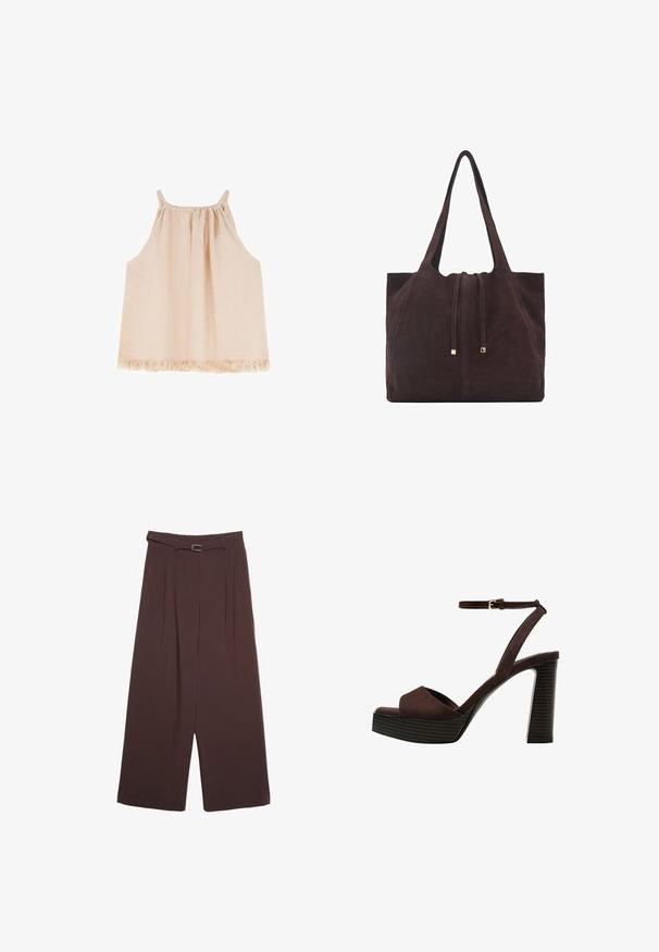 Lyserød ærmeløs top med rynket hals, flydende design og frynset kantdetalje, lavet af blødt, tekstureret stof.; Stradivarius WIDE-LEG WITH BUCKLE DETAIL - Bukser - dark brown; Brune ruskinds højhælede sandal med åben tå, justerbar ankelrem og en stribet plade sål.; Mango Shopping bags - dark brown