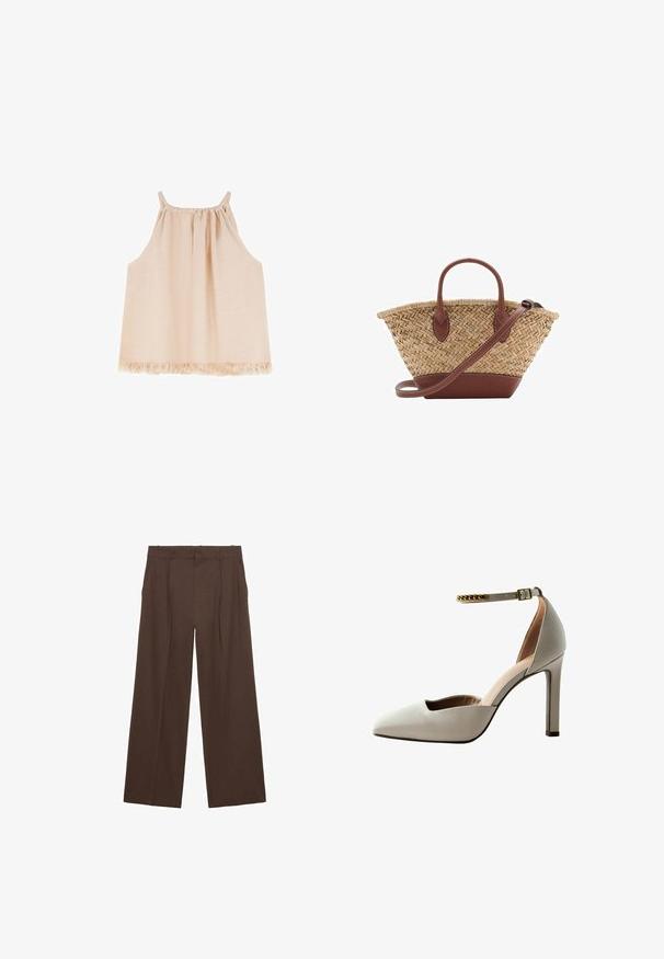 Vaaleanpunainen ilman hihoja oleva paita, jossa on ryppyinen kaula-aukko, virtaava muotoilu ja fringed helma, valmistettu pehmeästä, teksturoidusta kankaasta.; Ruskeat leveälahkeiset housut, jotka on valmistettu sileästä kankaasta. Niissä on korkea vyötärö, etusilkkukkeet ja kaksi sivutaskua.; Vaaleanharmaat korot, joissa on terävä kärki, avokämmeninen muotoilu, nilkkaremmi ja kultaketjuyksityiskohta. Sileä nahkatunnelma.; Kudottu olkilaukku ruskeilla nahkaosilla, kahdella kahvalla ja irrotettavalla hihnalla. Koukkumainen muoto, jossa tukeva pohja.