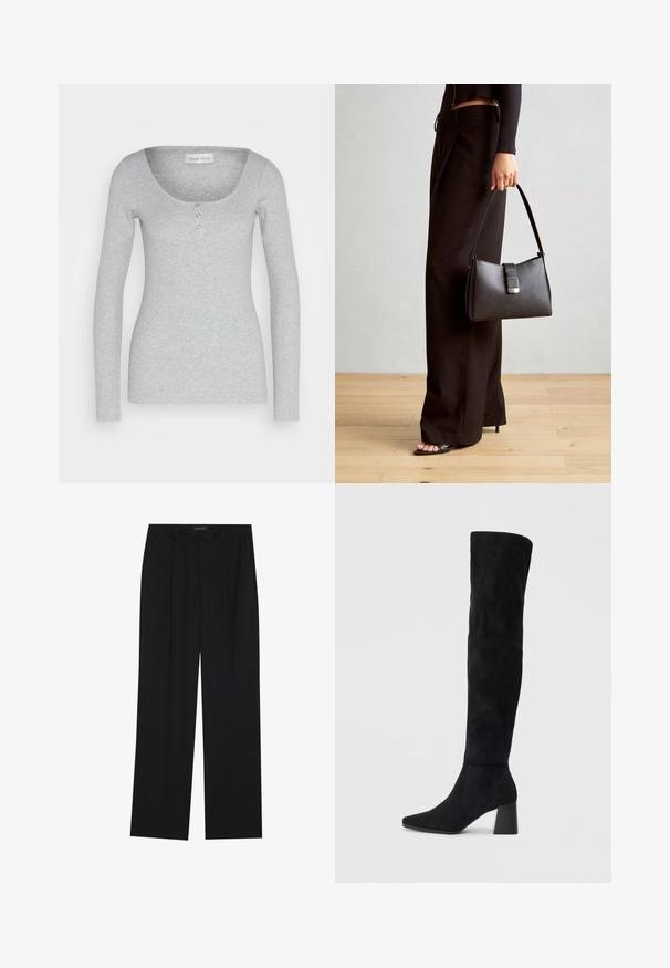 Langermet grå topp laget av myk, strukturert stoff. Har en rund utringning og tre funksjonelle knapper foran i midten.; Sorte bukser med rette ben, som har to frontlommer og en talje. Laget av et glatt, lett stoff.; Sorte semskede knelang støvel med blokk-heelsk, spiss tå og glatt, sømløst design på en ensfarget lys bakgrunn.; Svart håndveske med strukturert form, jevn tekstur og metallisk lås. Kombinert med brede svarte bukser og sandaler med åpen tå på tregulv.