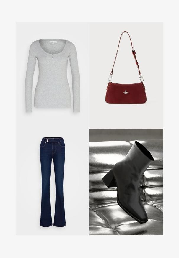 Langärmliges graues Oberteil aus weichem, strukturiertem Stoff. Verfügt über einen runden Halsausschnitt und drei funktionale Knöpfe in der Mitte vorne.; Dunkelblaue Schlagjeans mit hoher Taille, zwei Fronttaschen und zwei Knopfverschlüssen. Hergestellt aus Denim mit glatter Textur.; Schwarzer Knöchelstiefel aus glänzendem Material mit quadratischer Zehenform und verjüngtem Absatz, vor einem glänzenden silbernen gepolsterten Hintergrund.; Rote Wildleder Schultertasche mit einer curved Form. Verfügt über einen silberfarbenen Akzent und einen verstellbaren Trageriemen mit Hardware-Details. Glatte Textur.