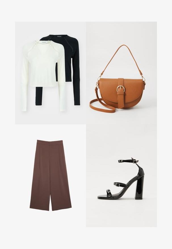 Kaksi pitkähihasta paitaa, yksi valkoinen ja yksi musta. Molemmissa on pyöreä pääntie ja koristeelliset vetoketjut olkapäillä. Sileä kangas.; Ruskeat leveälahkeiset housut, joissa on sileä pinta, korkea vyötärö ja etupleat. Kangas on kevyttä ja laskeutuu väljänä.; Musta kiiltävä korkokenkä sandaalit neliönmuotoisella varpaalla, nilkkaremmillä ja hopeisilla soljilla. Varustettu tukevalla lohkokorkealla vakauden takaamiseksi.; Ruskean nahkainen olkalaukku, jossa on kaareva muoto, kultaiset yksityiskohdat ja solkiyksityiskohta. Varustettu irrotettavalla olkahihnalla.