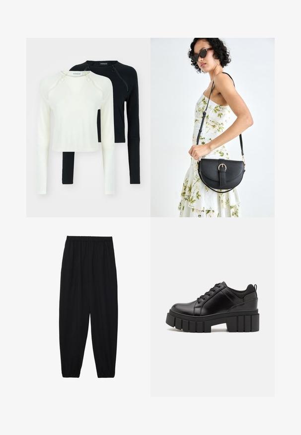 Two long-sleeve tops, one in white and one in black. Both feature round necklines and decorative zippers at the shoulder. Smooth fabric.; Black, lightweight pants with an elastic waistband and gathered ankles. The fabric is smooth and features a relaxed, tapered design.; Black leather platform shoes with a chunky block heel, round toe, and traditional lace-up design. Features smooth texture and minimal detailing.; Black leather handbag with a curved shape, detachable strap, and gold hardware. The bag features a flap with a buckle detail.