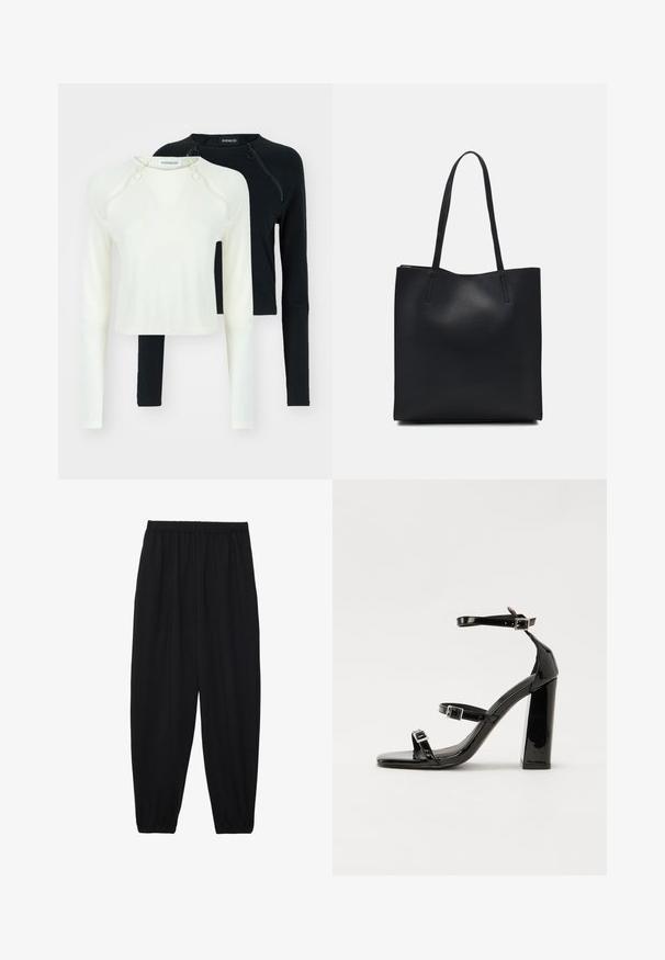 To lange ermer topper, en i hvit og en i svart. Begge har rund hals og dekorative glidelåser på skulderen. Glatt stoff.; Svarte, lette bukser med elastisk liv og rynkede ankler. Stoffet er glatt og har en avslappet, innsvingt design.; Svart høyglans sandaler med hæl, firkantet tå, ankelremmer og sølvspenner. Har en kraftig blokkhæl for stabilitet.; Svart lær tote bag med glatt tekstur, rektangulær form og to lange håndtak. Ingen synlige deler eller dekorasjoner.