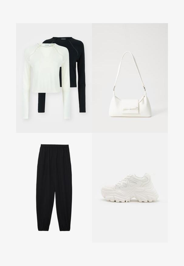 Two long-sleeve tops, one in white and one in black. Both feature round necklines and decorative zippers at the shoulder. Smooth fabric.; Black, lightweight pants with an elastic waistband and gathered ankles. The fabric is smooth and features a relaxed, tapered design.; White chunky sneakers featuring a textured upper, mesh panels, and thick rubber soles with prominent tread pattern. Laces and pull tab included.; White synthetic handbag with a triangular shape, flat front flap and bow detail, adjustable strap, smooth texture, and minimalistic design.