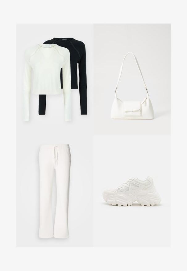 Two long-sleeve tops, one in white and one in black. Both feature round necklines and decorative zippers at the shoulder. Smooth fabric.; White, relaxed-fit sweatpants made of soft fabric, featuring an elastic waistband with a drawstring and straight-leg design.; White chunky sneakers featuring a textured upper, mesh panels, and thick rubber soles with prominent tread pattern. Laces and pull tab included.; White synthetic handbag with a triangular shape, flat front flap and bow detail, adjustable strap, smooth texture, and minimalistic design.